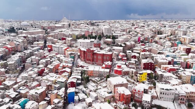 Snowy drone footage of the Private Fener Greek High School. Phanar Greek Orthodox College