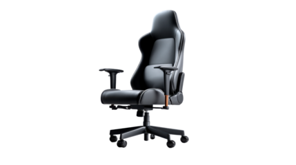 Ergonomic black office chair with adjustable armrests and comfortable padding, ideal for gaming setups or modern workspace interiors.