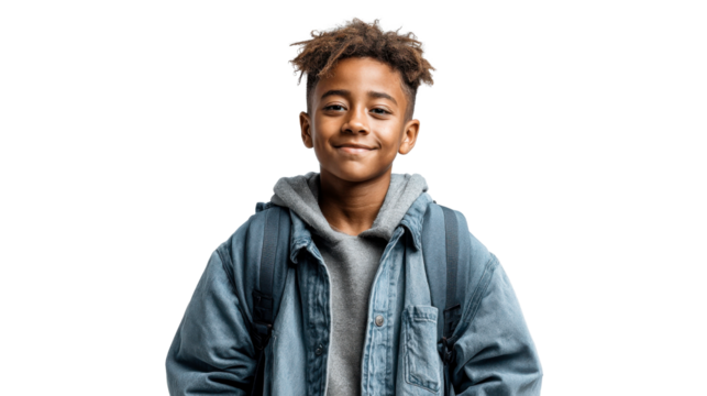 Smiling Black boy wearing a denim jacket and backpack ready for school, representing education and youth. - Powered by Adobe