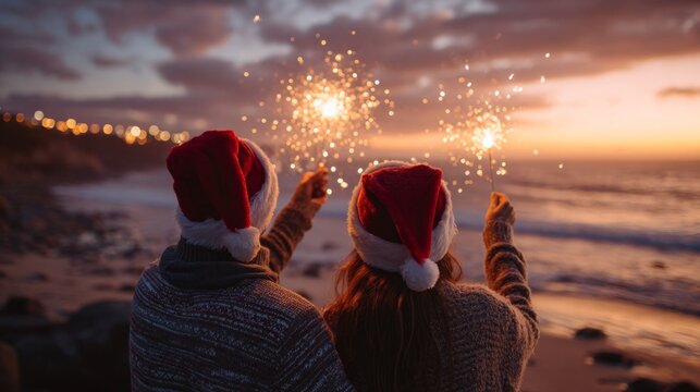 Couple celebrating christmas holiday with sparklers on beach