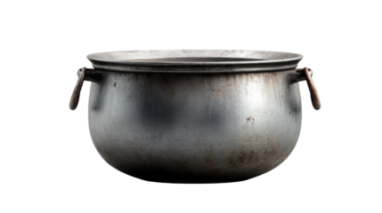 A weathered, large metal cauldron with sturdy handles, ideal for rustic cooking, historical reenactments, or Halloween themes, showcasing age and heavy use.