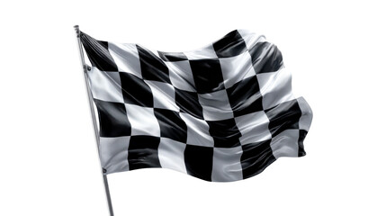 A waving checkered flag on a flagpole signifies victory or the start of a race, perfect for use in sports promotions and event announcements.