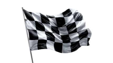 A waving checkered flag on a flagpole signifies victory or the start of a race, perfect for use in sports promotions and event announcements.