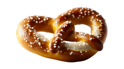 Golden baked pretzel with coarse salt crystals, a classic savory snack perfect for bakeries, food blogs, or advertising baked goods.