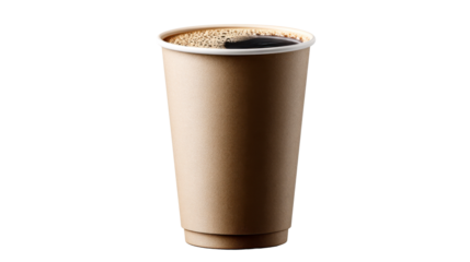 Tall kraft paper disposable coffee cup filled with dark hot beverage and foamy crema, perfect for cafe promotions and beverage branding concepts.