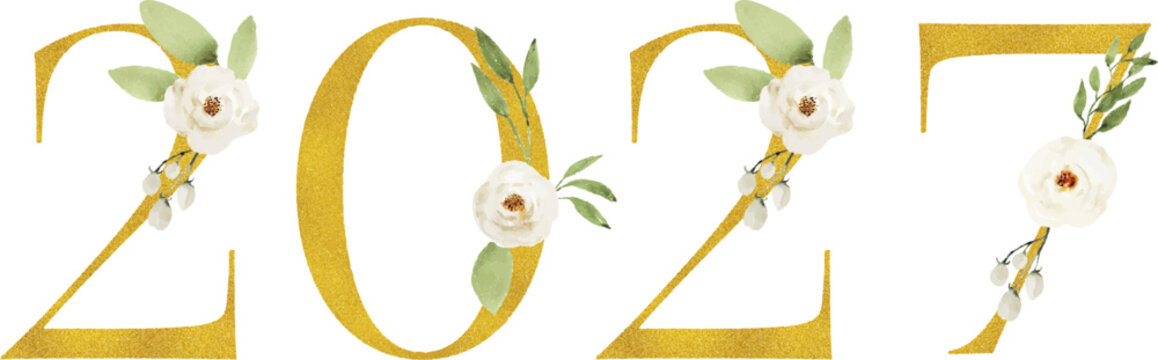 Floral Numbers 2027 with White Flowers and Gold Typography
