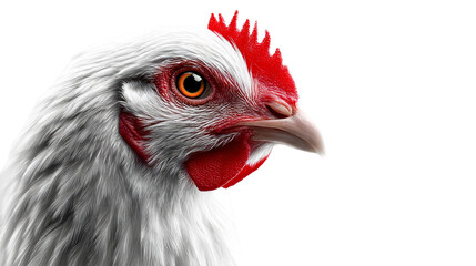 Closeup profile of a majestic white hen with vibrant red comb and wattles, perfect for farm fresh branding and poultry industry promotion.