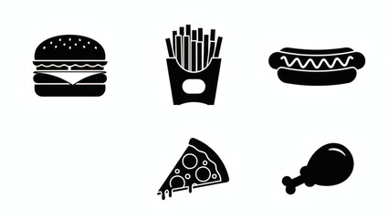 A versatile collection of classic fast food items presented as minimalist black silhouette icons on a clean white background, ideal for restaurant menus, digital applications, or quick meal promotions