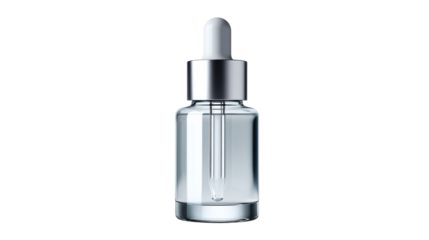 Glass serum bottle with silver dropper and clear liquid, a cosmetic product essential for skincare routines and beauty formulations, perfect for packaging concepts.