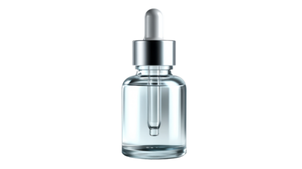 Clear glass dropper bottle with silver cap filled with cosmetic serum liquid, perfect for skincare product branding and advertising campaigns.