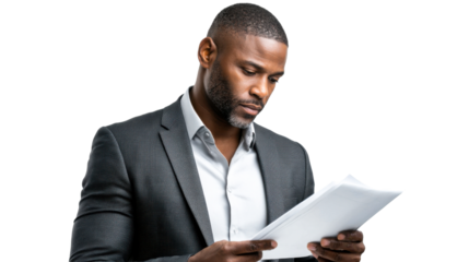 Professional Black man in a suit holding documents and looking down intently, suitable for business, finance, or corporate use cases.