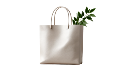 Minimalist beige textured shopping bag with a green plant sprig emerging from it, perfect for ecofriendly retail and lifestyle promotions.
