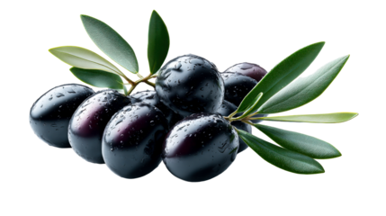 Fresh wet black olives with green leaves on a clean surface, ideal for food and beverage advertising or culinary websites