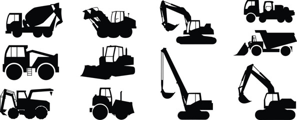 Construction machinery silhouette icons set, heavy equipment vehicles collection including excavator bulldozer loader truck, industrial engineering tools, flat vector illustration isolated © SreeShoyagini
