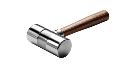 Heavy duty polished metal mallet with textured wooden handle for construction and crafting, perfect for workshops and DIY projects.