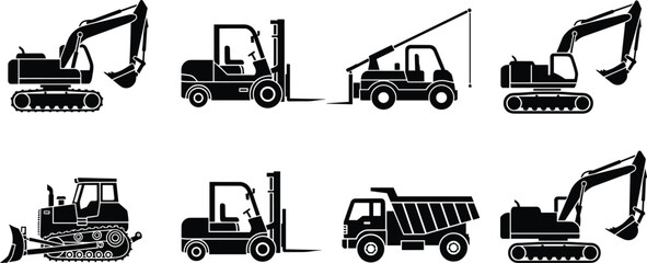 Construction machinery silhouette vector illustration set, excavator forklift bulldozer dump truck and crane vehicles icons for industrial engineering and building projects © SreeShoyagini