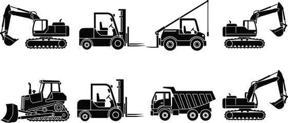 Construction machinery silhouette vector set, excavator forklift bulldozer dump truck and crane vehicles collection for industrial engineering and building projects design © SreeShoyagini