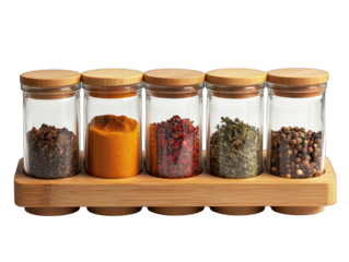 Assortment of colorful spices in glass jars with wooden lids and base
