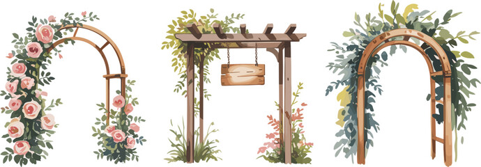 Garden arch and pergola floral vector illustration set with roses greenery wooden arbor designs for landscaping, wedding decor, botanical outdoor design