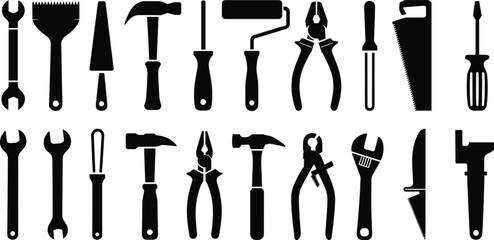 Obraz premium Hand tools silhouette icons set, wrench hammer screwdriver saw pliers collection, construction and repair equipment symbols, workshop essentials, flat vector illustration isolated
