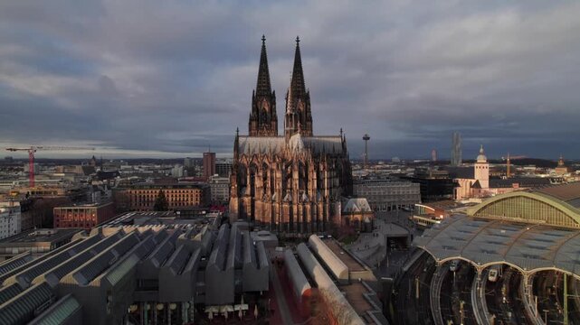 Rising aerial shot of K&ouml;lner Dom Cathedral in Cologne, Germany, 4K drone shot.