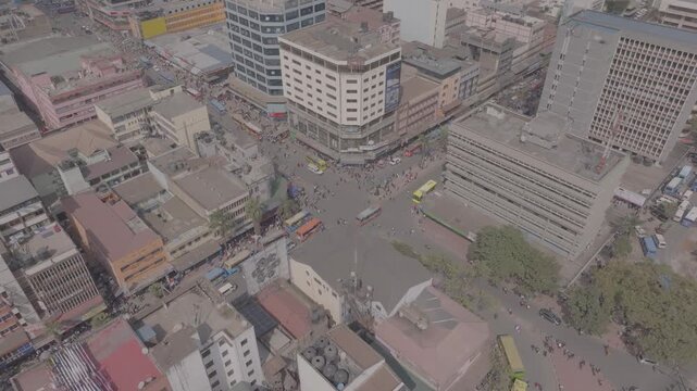 Aerial Drone shot of Nairobi City Central business district (CBD) with people and motor traffic.
