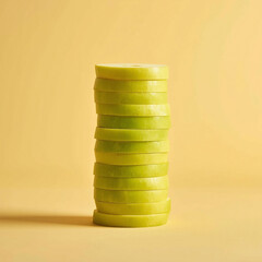 Stacked Slices of Fresh Green Apple or Pear on Duo-Tone Background