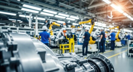 Naklejka premium Automobile manufacturing plant with robots and workers in blue uniforms.