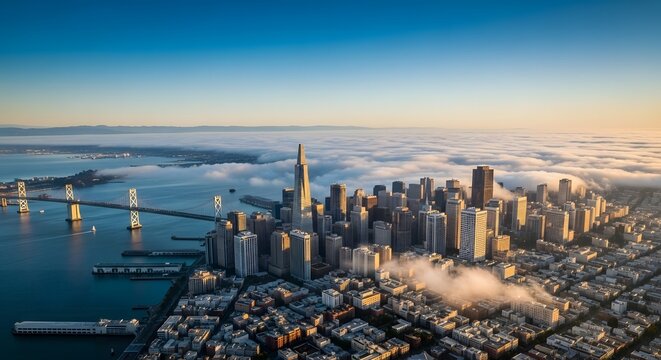 Aerial View of San Francisco Downtown Skyline and Bay Bridge at
