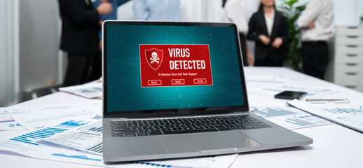 Virus warning alert on computer screen detected brisk cyber threat , hacker, computer virus and malware
