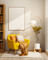 Yellow sofa chair with cushion and blanket aside standing lamp and bookshelf in bright living room.