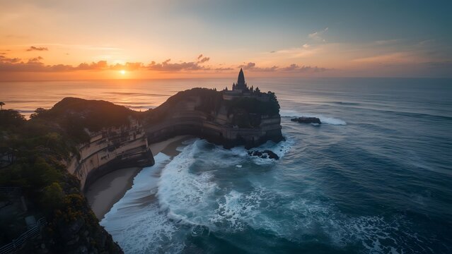 Scenic view of a historic fortress on a rocky coastline at sunset with waves crashing below - Powered by Adobe