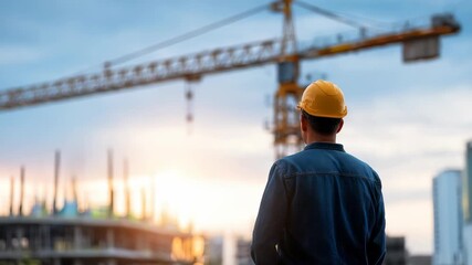A construction professional stands on site, overseeing progress as a crane operates against a dramatic sky. The scene highlights teamwork, safety, and the future of urban infrastructure