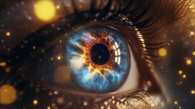 A close-up view of a blue eye with a starburst effect in the iris surrounded by golden lights
