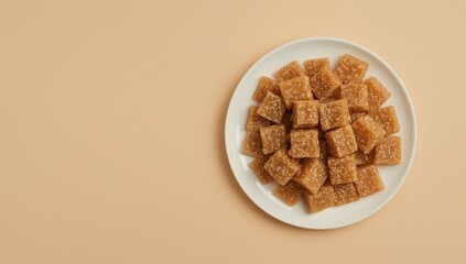 Delicious cubes of jaggery on a white plate, top view. Healthy, unrefined sugar alternative made from sugarcane juice.