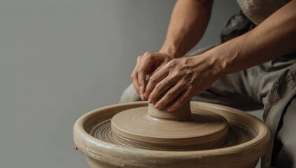 Close up of a potter hands shaping clay on a spinning wheel, creating a piece of pottery in a workshop. Concept of creativity and craftsmanship.