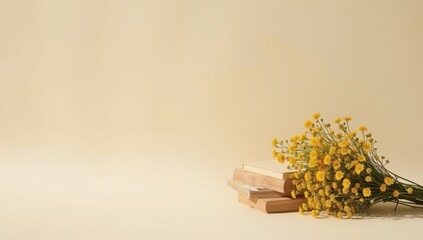Stack of books with yellow flowers lying on top against a beige background. Education and knowledge concept. Copy space.