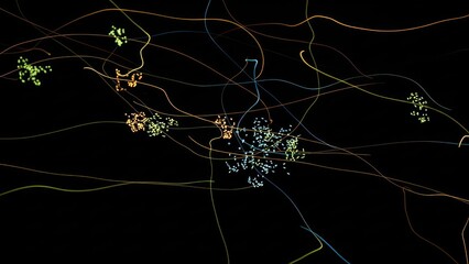 Abstract flowfield illustration with light trails and particle clusters on black background