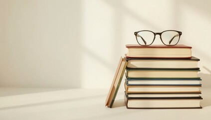 Stack of hardcover books with eyeglasses on top, symbolizing education, reading, and knowledge against a neutral background with soft light.