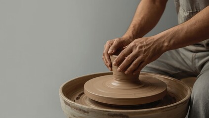 Potter shaping clay on a spinning wheel. Close up of hands working on pottery wheel, creating a vase. Handmade concept.