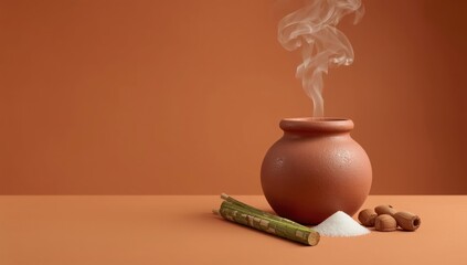 Traditional pongal pot with sugarcane, turmeric, and sugar, symbolizing the harvest festival in tamil nadu, india.
