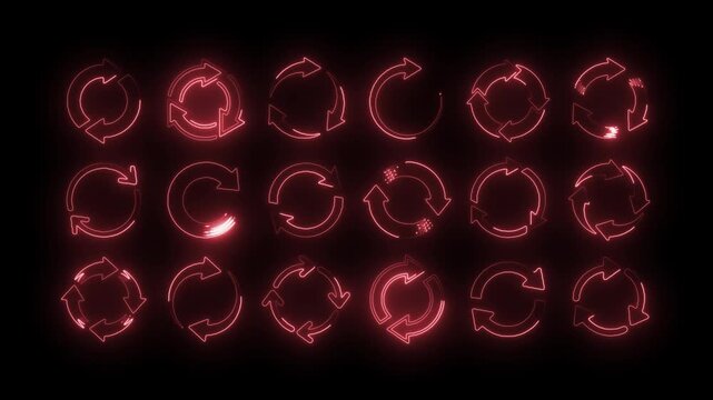 Futuristic neon circular arrow icons set representing refresh, reload, loading, sync, loop, rotation, and process cycle concepts. Glowing turquoise outline arrows on dark background, 
