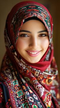 Young beautiful smiling Palestinian woman wearing colourful hijab. Arabic Muslim lady in traditional clothes