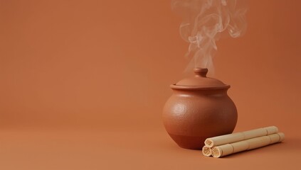 Still life featuring a lidded clay pot emitting steam, alongside wafer rolls on a terracotta backdrop, evoking warmth and culinary traditions.