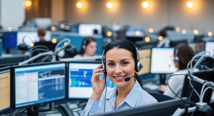 A smiling customer service representative in a busy call center.