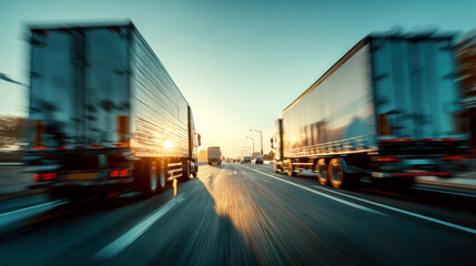 Truck driving on highway with warm sun light with traffic blur.