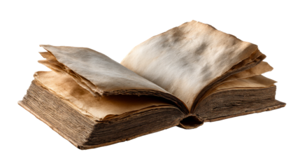 Ancient, weathered, open book with aged, yellowed pages showcasing a history of knowledge and wisdom, perfect for illustrating the passage of time and storytelling.