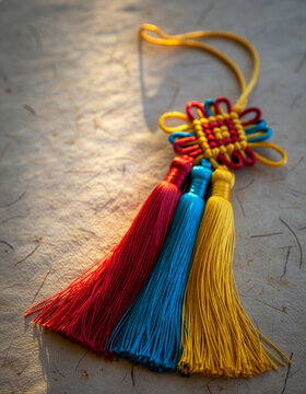 Traditional Korean knot Norigae tassel on Hanji paper background in sunlight