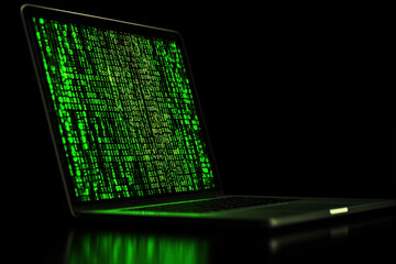 Laptop Displaying Binary Code on Screen with Green Glowing Numbers Floating Against Black Background.