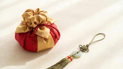 Red and gold Korean traditional lucky bag Bokjumeoni with jade Norigae knot